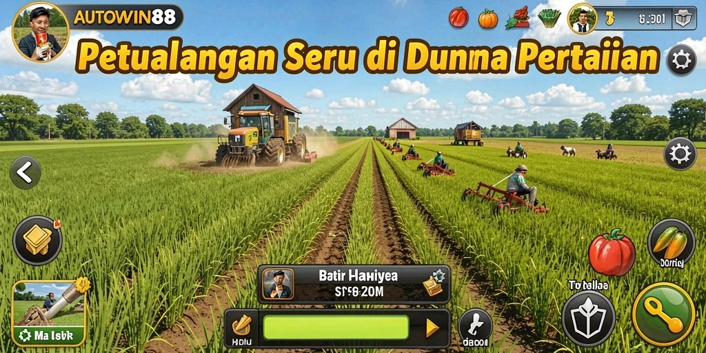 Tampilan gameplay AUTOWIN88 yang menampilkan ladang yang subur dan karakter petani.