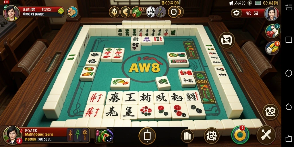Screenshot AW8 menunjukkan gameplay seru Mahjong dengan detail ubin yang jelas.