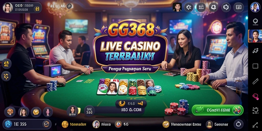 Screenshot GG368 menampilkan dealer langsung dan permainan kasino yang mendebarkan.
