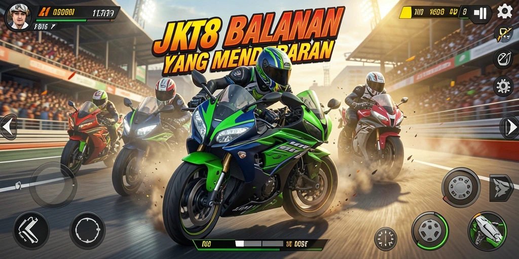 Screenshot utama dari gameplay JKT8 menampilkan balapan motor yang mendebarkan.