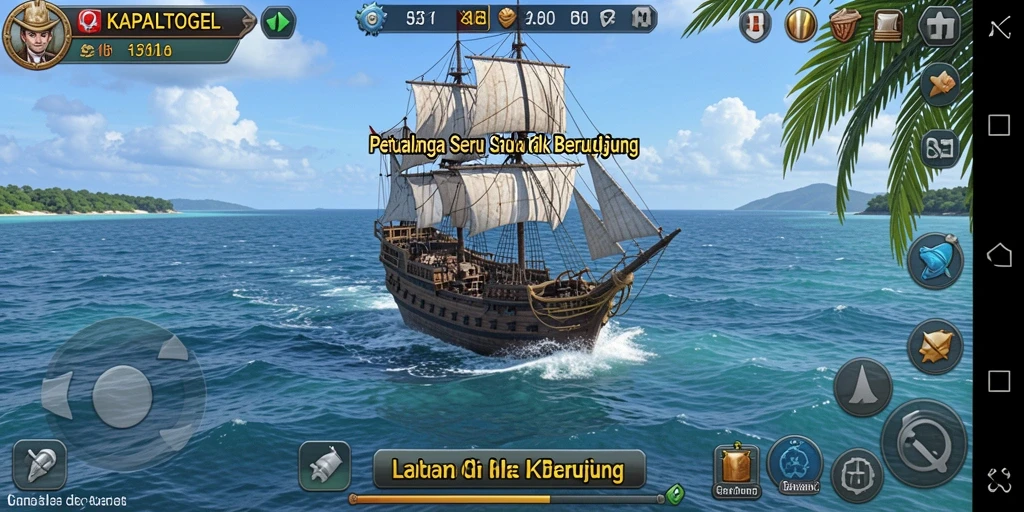 Screenshot gameplay KAPALTOGEL yang menampilkan aksi berlayar dan penjelajahan.