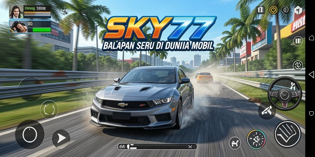 Screenshot gameplay SKY77 menampilkan mobil balap di lintasan yang menegangkan.