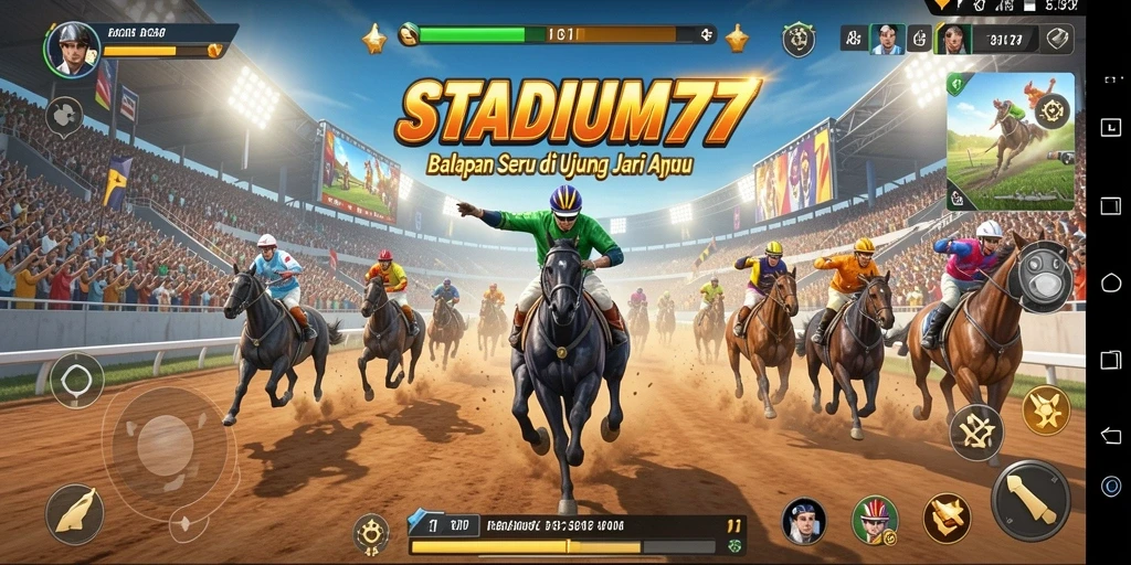 Tampilan gameplay STADIUM77 dengan mobil balap yang melaju cepat di lintasan.